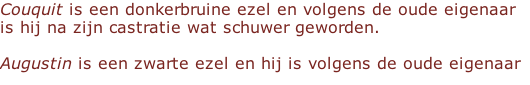 Couquit is een donkerbruine ezel en volgens de oude eigenaar is hij na zijn castratie wat schuwer geworden.  Augustin is een zwarte ezel en hij is volgens de oude eigenaar helemaal niet schuw of bang en hij heeft zelfs voor een karretje gelopen.