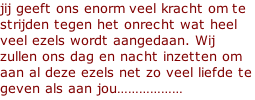 jij geeft ons enorm veel kracht om te strijden tegen het onrecht wat heel veel ezels wordt aangedaan. Wij zullen ons dag en nacht inzetten om aan al deze ezels net zo veel liefde te geven als aan jou………………